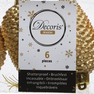 Decoris Dennenappelornamenten kunststof - D4,5xH8cm Goud 6 stuks - afbeelding 2