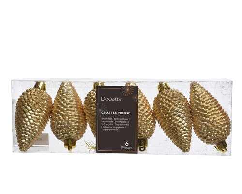 Decoris Dennenappelornamenten kunststof - D4,5xH8cm Goud 6 stuks - afbeelding 1