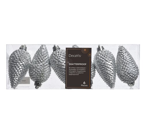 Decoris Dennenappelornamenten kunststof - D4,5xH8cm Zilver 6 stuks - afbeelding 1