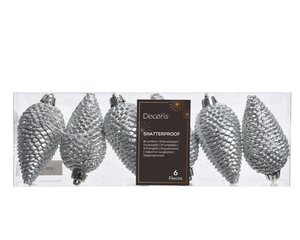 Decoris Dennenappelornamenten kunststof - D4,5xH8cm Zilver 6 stuks - afbeelding 1