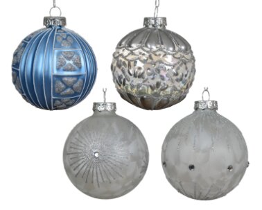 Decoris glazen kerstbal blauw/wit - D 8 cm
