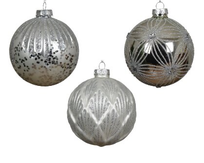 Decoris glazen kerstbal wit/zilver - D 10 cm