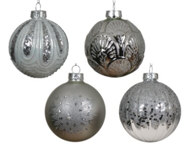 Decoris glazen kerstbal wit/zilver - D 8 cm