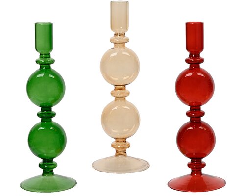 Decoris kandelaar glas 3 kleuren 24,5 cm