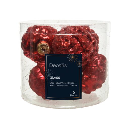 Decoris kerstballen dennenappel glas kerstrood 6 stuks - D 5 cm