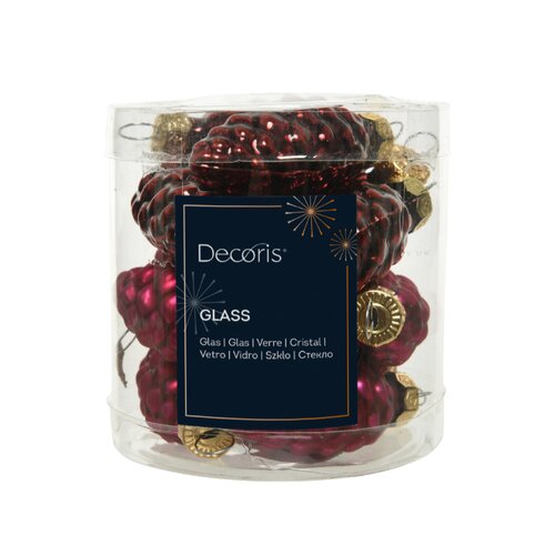 Decoris kerstbal dennenappel glas ossenbloed rood 12 stuks - D 2,5 cm
