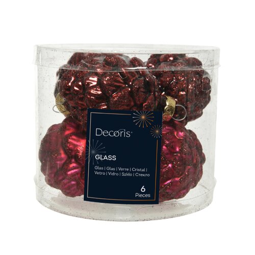 Decoris kerstbal dennenappel glas ossenbloed rood 6 stuks - D 5 cm
