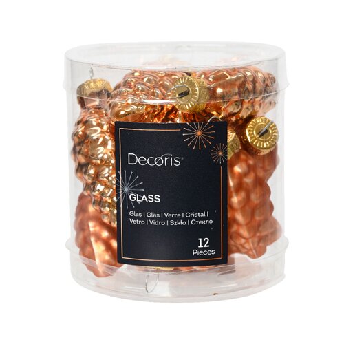 Decoris kerstbal dennenappel glas Red copper 12 stuks - D 2,5 cm