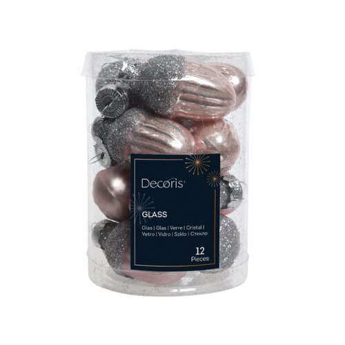Decoris kerstbal eikel glas blushy roze 12 stuks - D 3 cm