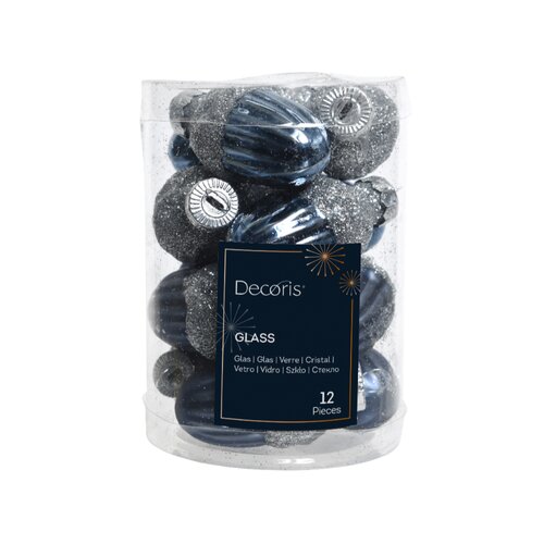 Decoris kerstballen eikel glas nachtblauw 12 stuks - D 3 cm