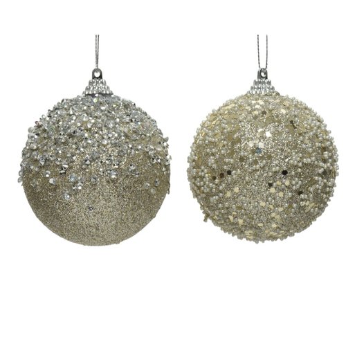 Decoris Kerstbal foam glitter, beads, diamonds 2ass - Champagne