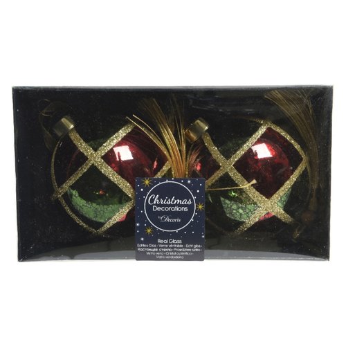 Decoris kerstballen glas anti-zilver inside w matt color glitter checked,wooden bead tessel - Groen
