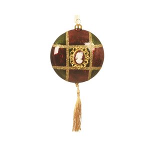 Decoris kerstbal glas anti-silver inside w matt color glitter checked,wooden bead tessel,lady orname