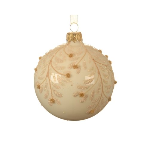 Decoris kerstbal glas enamel, shiny leaf branche all over - WolWit