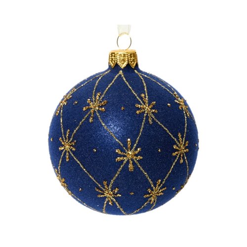 Decoris kerstbal glas matt flock line star all over - nachtblauw