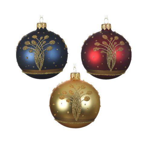 Decoris kerstbal glas matt rim with leaves dots 3kl.ass