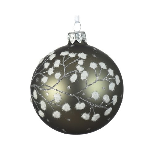 Decoris kerstbal glas matt snow blossom branche - Mosgroen