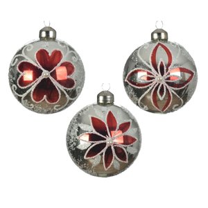 Decoris kerstbal glas parel,glitter lines,sugar finish 3ass - rood/zilver