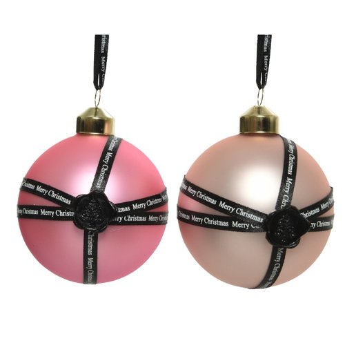 Decoris kerstballen glas zilver inside w matt color zwart satin ribbon w merry christmas,wax stamp w