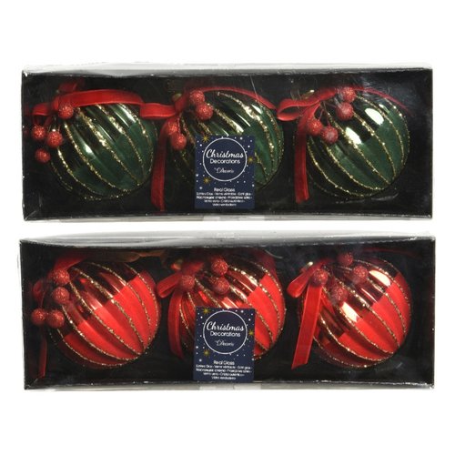Decoris kerstballen glas zilver inside w shiny color &amp; flock at bottom red berry,glitter lines 2