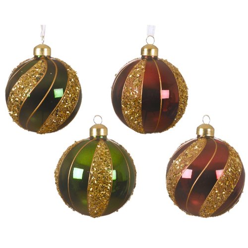 Decoris kerstbal glas silver inside w shiny color bead,glitter 4ass