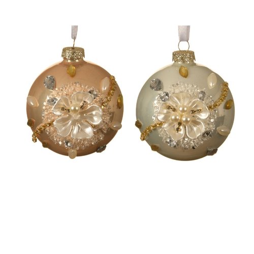 Decoris kerstbal glas silver inside w shiny color diamond,bead,flower,parel 2kl.ass