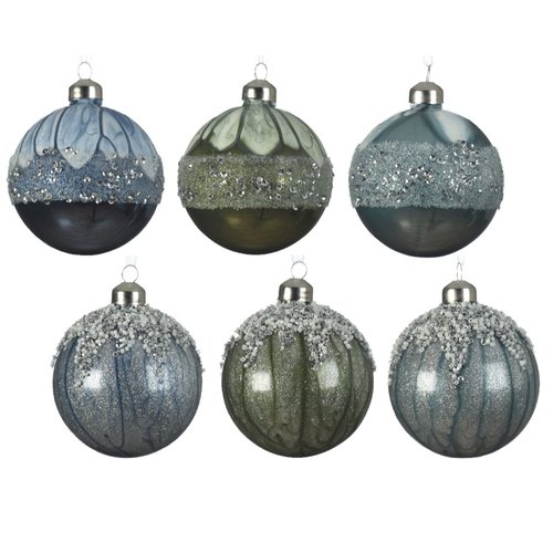 Decoris kerstbal glas silver inside w shiny color spangles,glitter,beads 6ass
