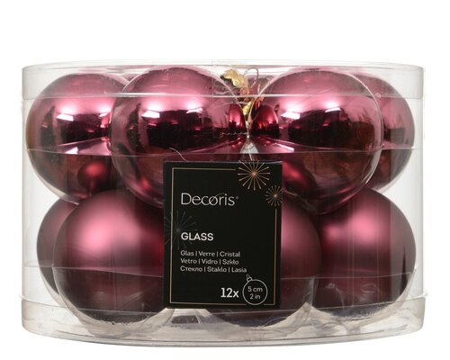 Decoris Kerstballen glas - D5cm Donkerroze 12 stuks - afbeelding 1
