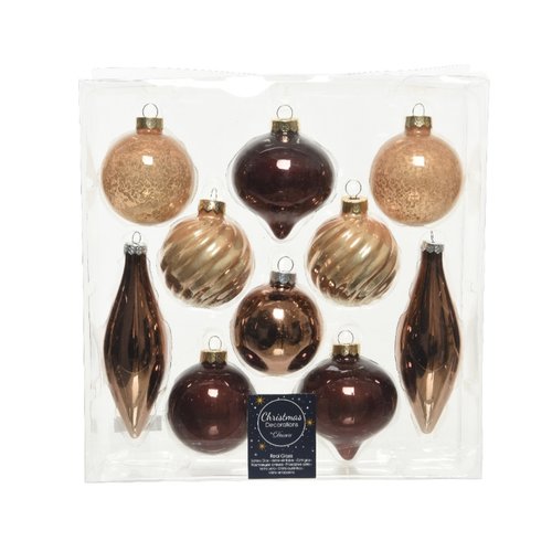 Decoris kerstballen glas shiny-enamel-antique mix - Bruin