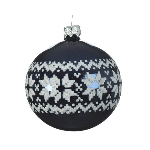 Decoris kerstballen glas shiny nordic border - nachtblauw