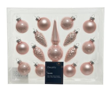 Decoris kerstboom decoratieset blushy roze - D 3 x H 13 cm