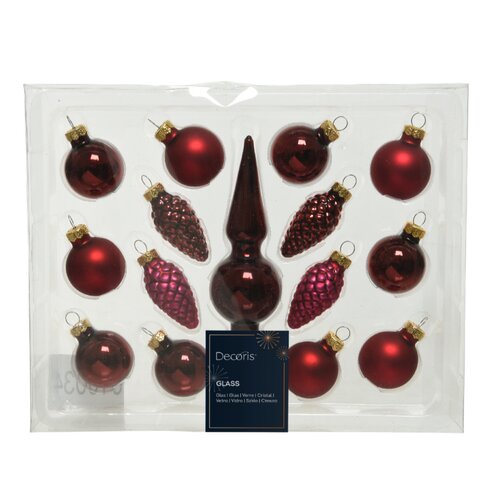Decoris kerstboomdecoratieset glas ossenbloed rood 15-delig