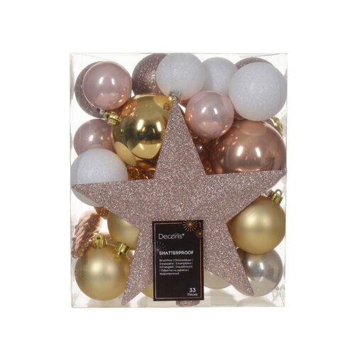 Decoris kerstboomdecoratieset kunststof blushy roze 15-delig