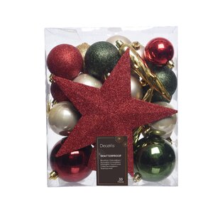 Decoris kerstboomdecoratieset kunststof ossenbloed rood 15-delig