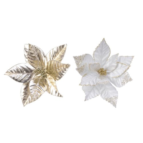 Decoris Poinsettia op clip polyester glitter with spangles with plastic flowerhead 2kl.ass