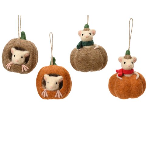 Decoris pompoen met muis hanger vilt assortie - L 10 x B 10 x H 12 cm