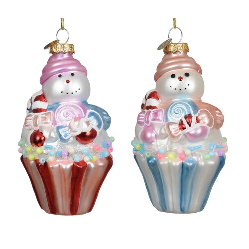Decoris sneeuwpop cupcake hanger glas multi - L 6,5 x B 6,5 x H 11,6 cm