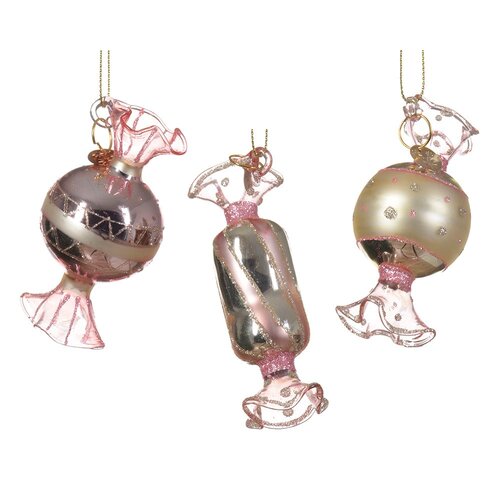 Decoris snoep hanger glas roze/goud - D 4 x H 8 cm