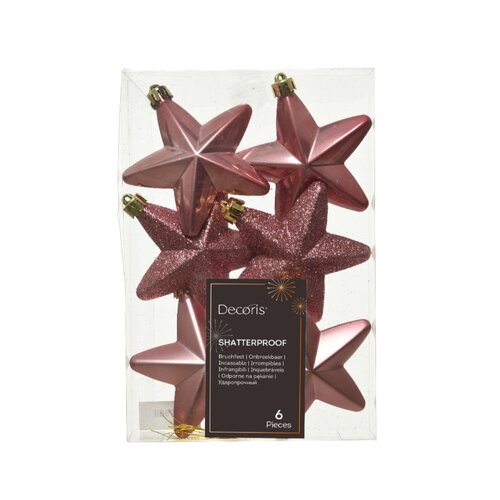 Decoris sterren kunststof velvet roze 6 stuks - D 7,5 cm