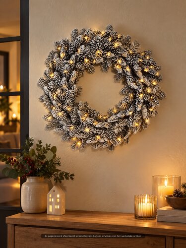 Evergreen Kunstkerstkrans Nobilis besneeuwd - incl 80 lampjes - D 50 cm - afbeelding 2