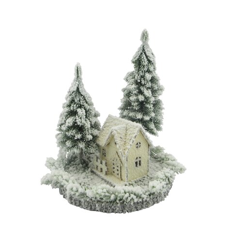 Evergreen Miniboompjes en huisje op ronde voet sneeuwfinish - D 20 x H 25 cm
