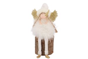 Fluffy Engel Zittend White/Gold 7 x 10 x 15 cm - afbeelding 1