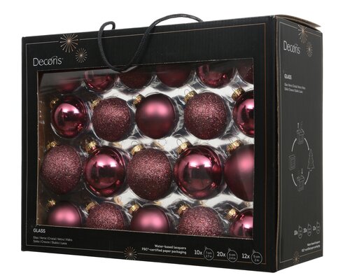 Glazen kerstballen box 42 stuks Donkerroze