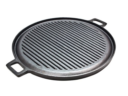 Grillplaat gietijzer Ø30cm 2 zijden, Vlak en ribbel