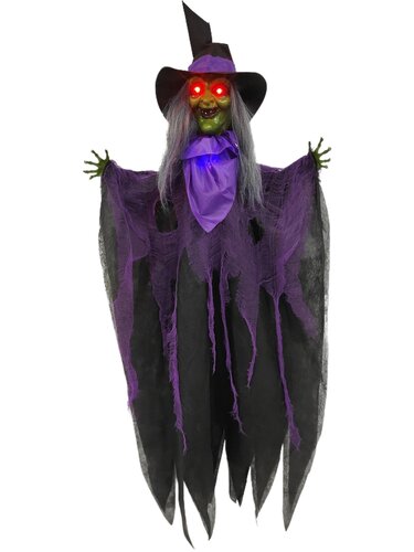Halloween bewegende animatiepop Heks hangend H 120 cm