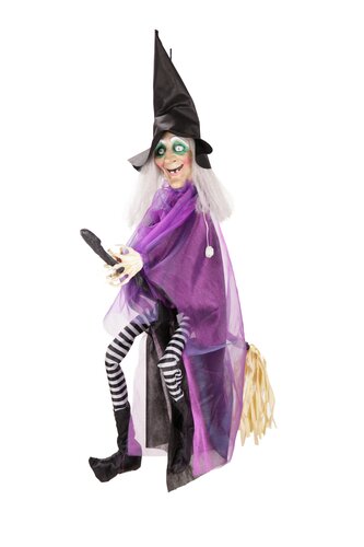Halloween bewegende animatiepop Heks op bezemsteel H 90 cm