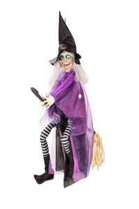 Halloween bewegende animatiepop Heks op bezemsteel H 90 cm