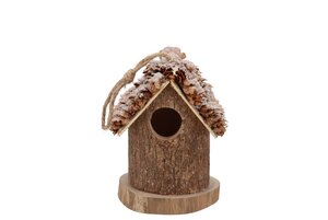 Hanger vogelhuisje boomschors met sneeuw - H 12 cm