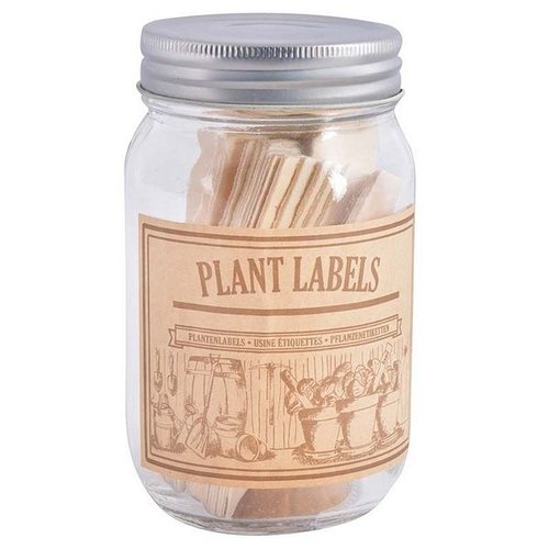 Houten plantenlabels in glazen pot