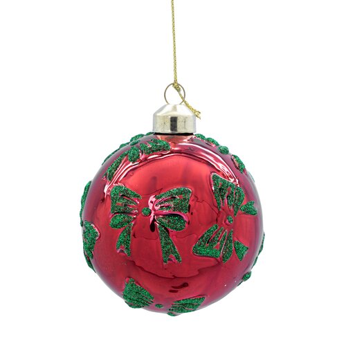 Kerstbal glas strikjes - D8cm Rood groen